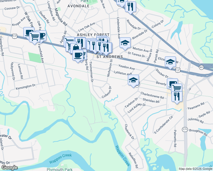 map of restaurants, bars, coffee shops, grocery stores, and more near 5 Colleton Drive in Charleston
