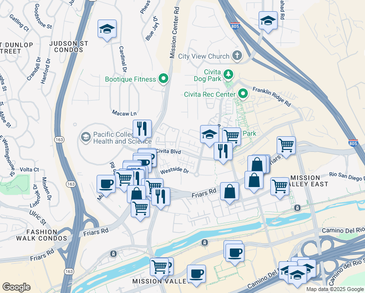 map of restaurants, bars, coffee shops, grocery stores, and more near 7814 Civita Boulevard in San Diego