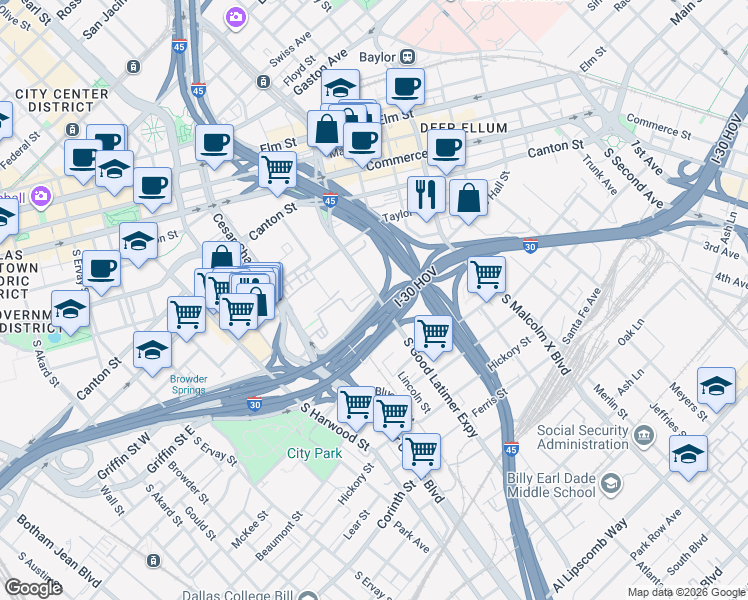 map of restaurants, bars, coffee shops, grocery stores, and more near 839 South Good Latimer Expressway in Dallas