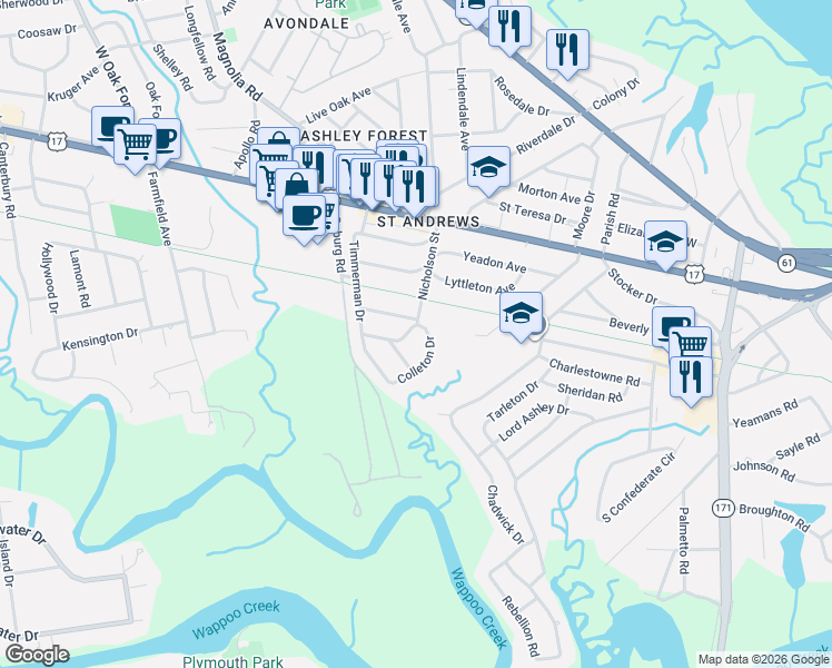 map of restaurants, bars, coffee shops, grocery stores, and more near 5 Colleton Drive in Charleston