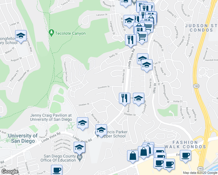 map of restaurants, bars, coffee shops, grocery stores, and more near 6645 Goodwin Street in San Diego