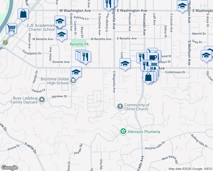 map of restaurants, bars, coffee shops, grocery stores, and more near 1317 South Orange Avenue in El Cajon