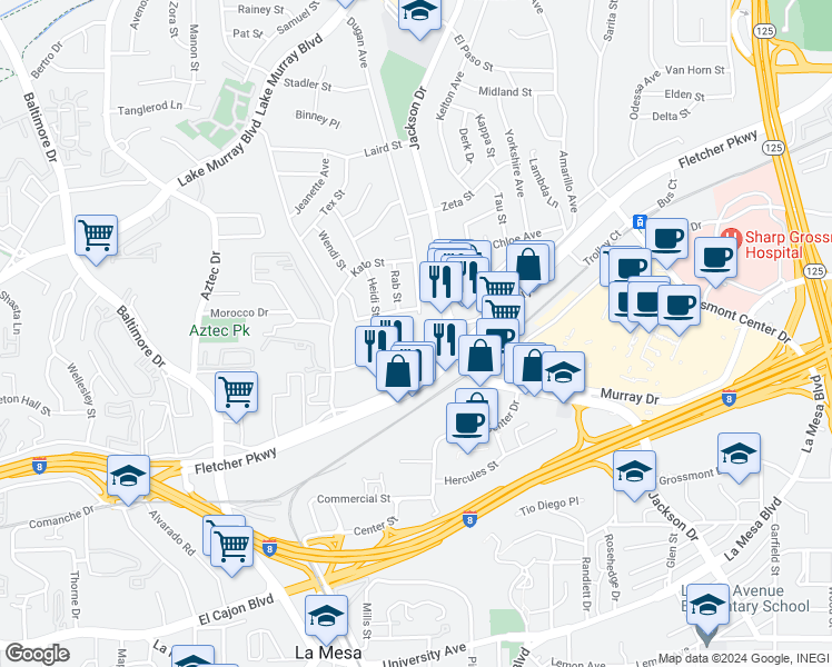 map of restaurants, bars, coffee shops, grocery stores, and more near 8220 Vincetta Drive in La Mesa