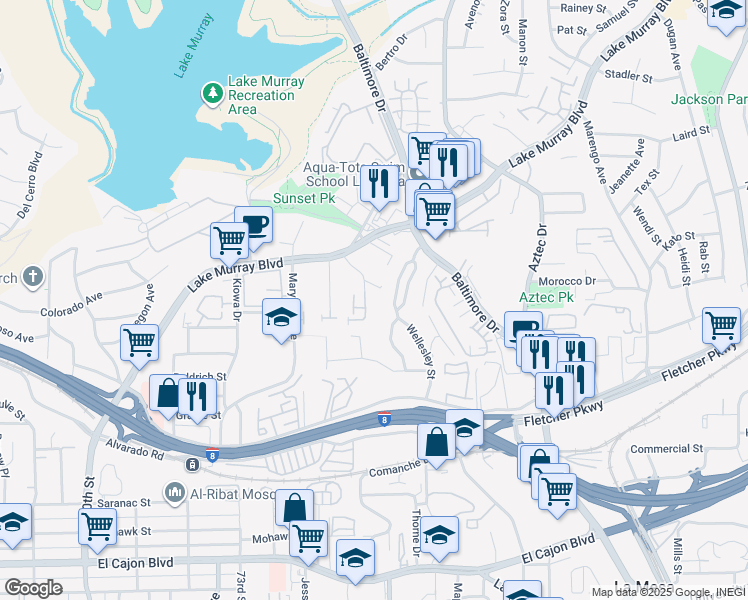 map of restaurants, bars, coffee shops, grocery stores, and more near 5525 Shasta Lane in La Mesa