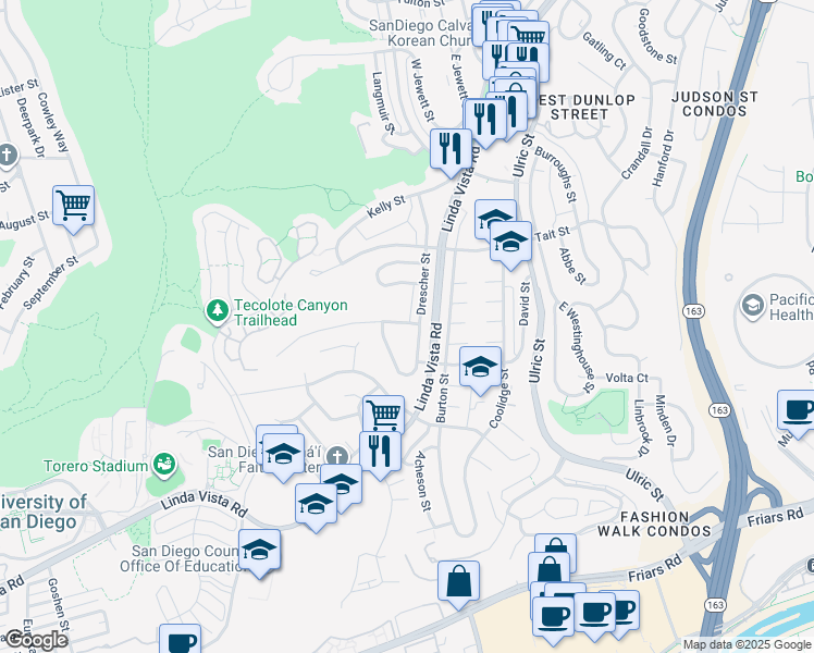 map of restaurants, bars, coffee shops, grocery stores, and more near 6747 Goodwin Street in San Diego