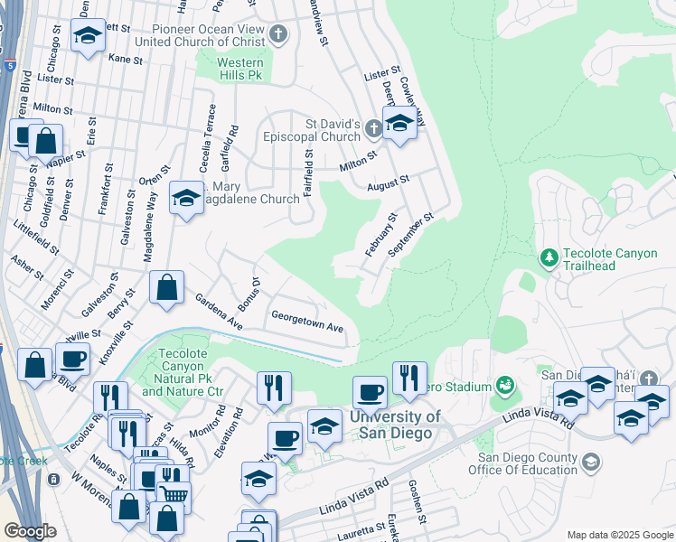 map of restaurants, bars, coffee shops, grocery stores, and more near 2182 March Place in San Diego