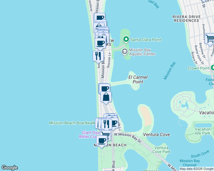 map of restaurants, bars, coffee shops, grocery stores, and more near in San Diego