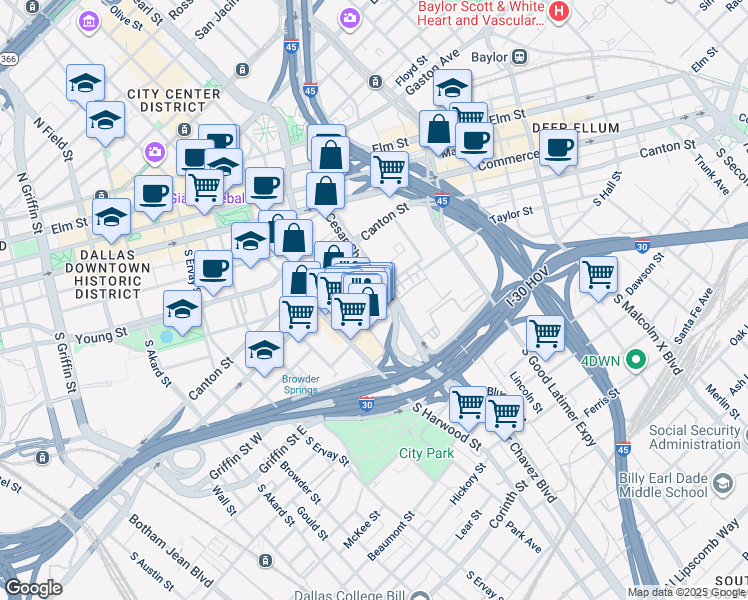 map of restaurants, bars, coffee shops, grocery stores, and more near in Dallas