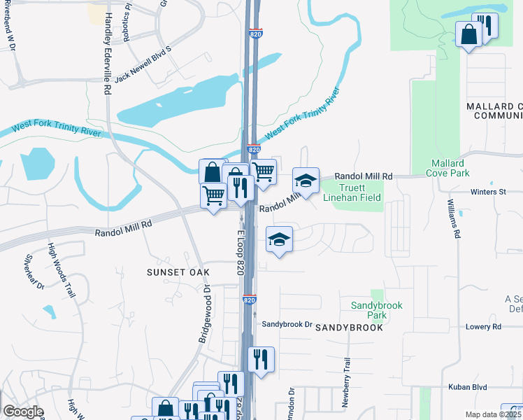 map of restaurants, bars, coffee shops, grocery stores, and more near 6812 Randol Mill Road in Fort Worth