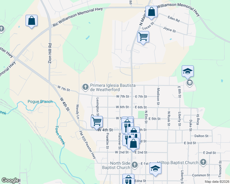 map of restaurants, bars, coffee shops, grocery stores, and more near 208 West 7th Street in Weatherford