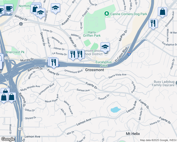 map of restaurants, bars, coffee shops, grocery stores, and more near 9637 Plimpton Road in La Mesa