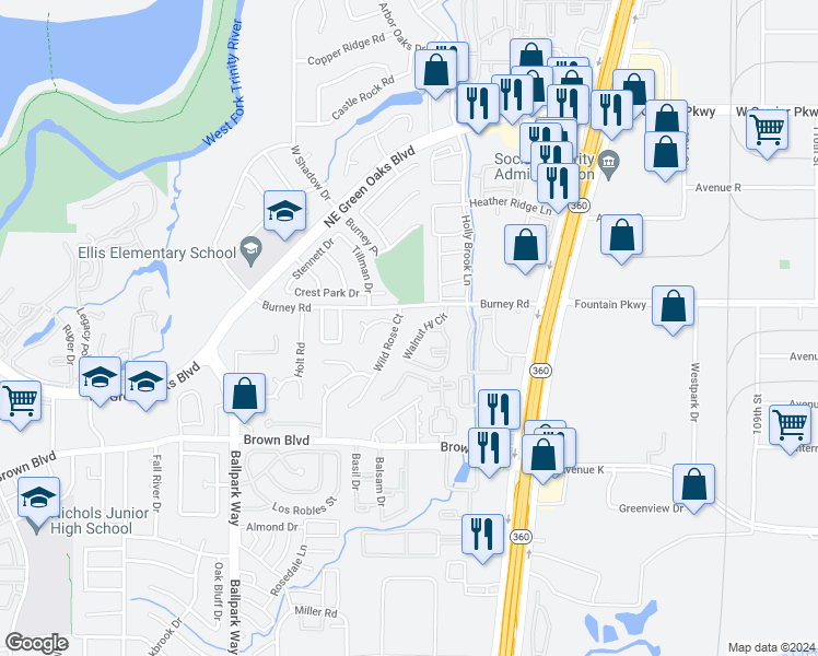 map of restaurants, bars, coffee shops, grocery stores, and more near 2413 Burney Road in Arlington