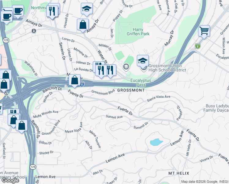 map of restaurants, bars, coffee shops, grocery stores, and more near 9537 Grossmont Boulevard in La Mesa