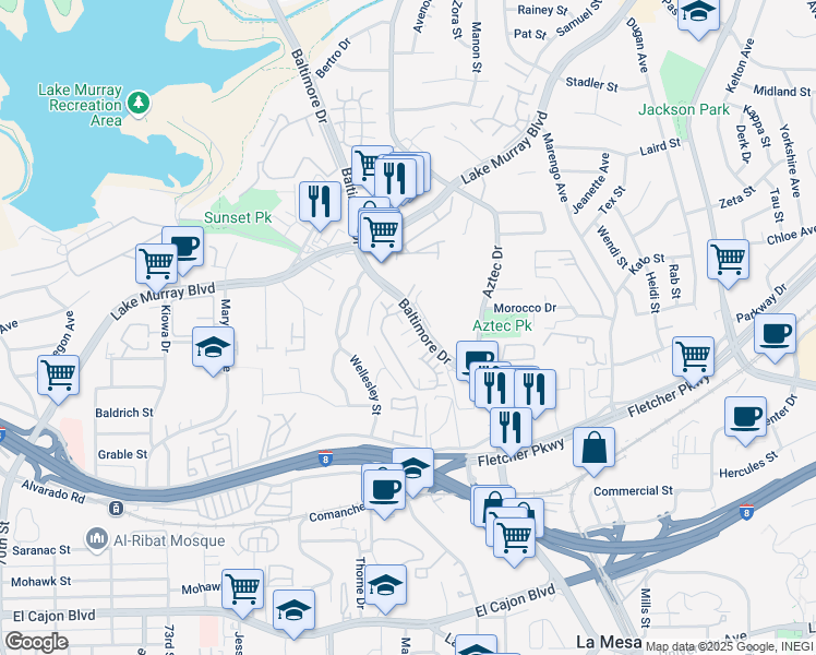 map of restaurants, bars, coffee shops, grocery stores, and more near 5440 Baltimore Drive in La Mesa