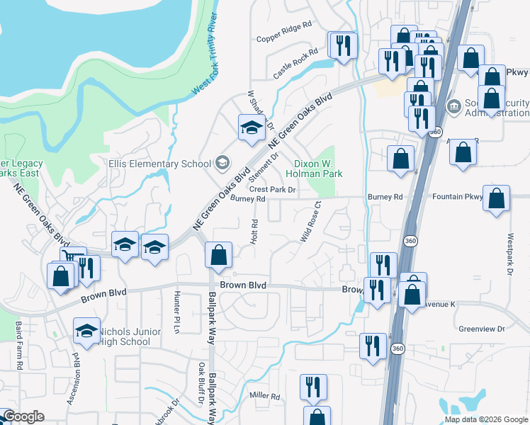map of restaurants, bars, coffee shops, grocery stores, and more near 2519 Holt Road in Arlington