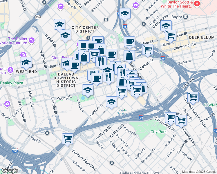 map of restaurants, bars, coffee shops, grocery stores, and more near 508 Park Avenue in Dallas