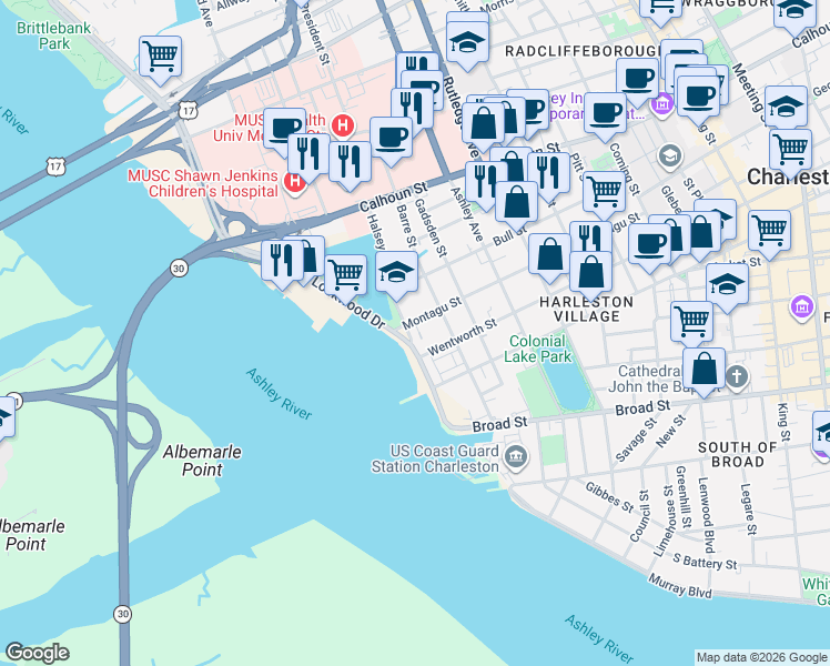 map of restaurants, bars, coffee shops, grocery stores, and more near 42 Halsey Boulevard in Charleston