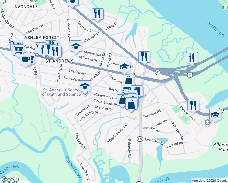 map of restaurants, bars, coffee shops, grocery stores, and more near 29 Beverly Road in Charleston
