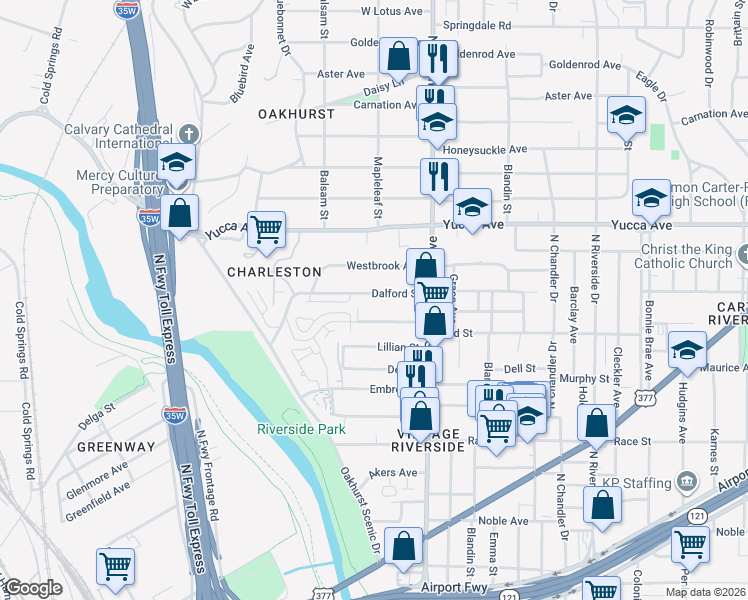 map of restaurants, bars, coffee shops, grocery stores, and more near 2400 Dalford Street in Fort Worth
