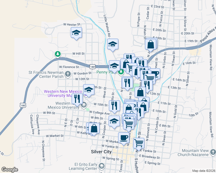 map of restaurants, bars, coffee shops, grocery stores, and more near 354 West 12th Street in Silver City