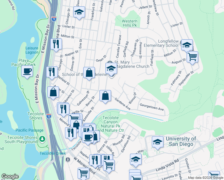map of restaurants, bars, coffee shops, grocery stores, and more near 4821 Viane Way in San Diego