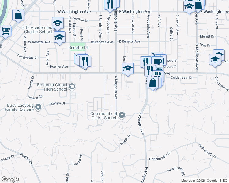 map of restaurants, bars, coffee shops, grocery stores, and more near 1320 South Magnolia Avenue in El Cajon