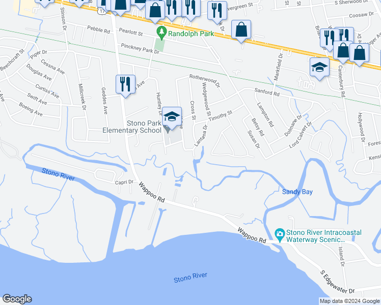 map of restaurants, bars, coffee shops, grocery stores, and more near 317 Lantana Drive in Charleston