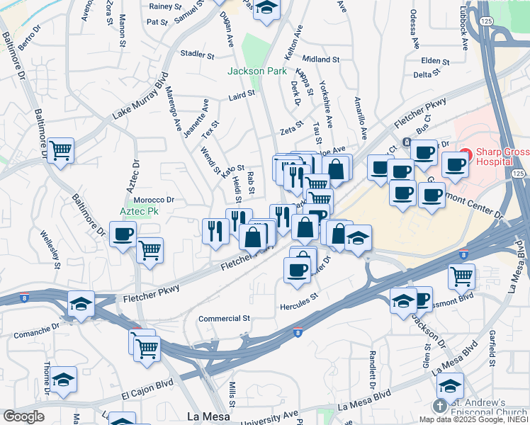 map of restaurants, bars, coffee shops, grocery stores, and more near 8220 Vincetta Drive in La Mesa