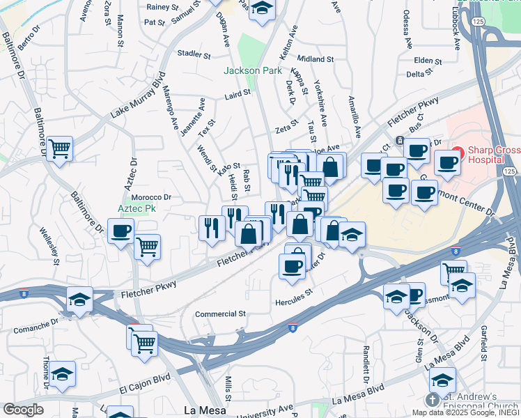 map of restaurants, bars, coffee shops, grocery stores, and more near 8220 Vincetta Drive in La Mesa