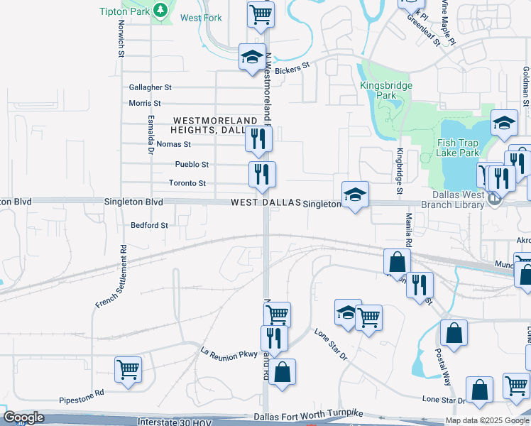 map of restaurants, bars, coffee shops, grocery stores, and more near 2400 Belmont Avenue in Dallas