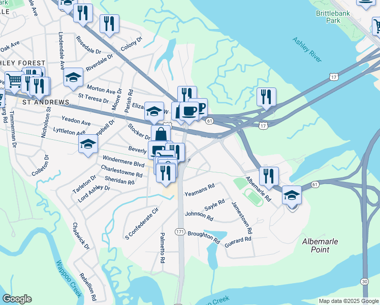 map of restaurants, bars, coffee shops, grocery stores, and more near 61 Folly Road Boulevard in Charleston