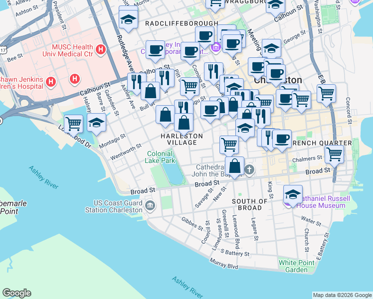 map of restaurants, bars, coffee shops, grocery stores, and more near 12f Smith Street in Charleston