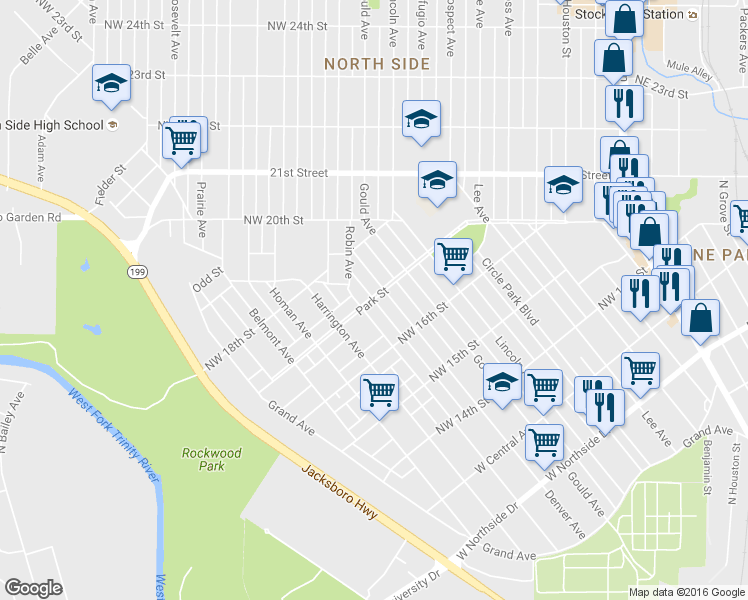 map of restaurants, bars, coffee shops, grocery stores, and more near Park Street in Fort Worth