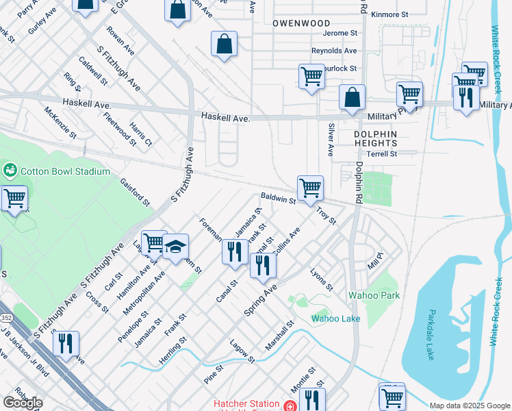 map of restaurants, bars, coffee shops, grocery stores, and more near 4705 Jamaica Street in Dallas