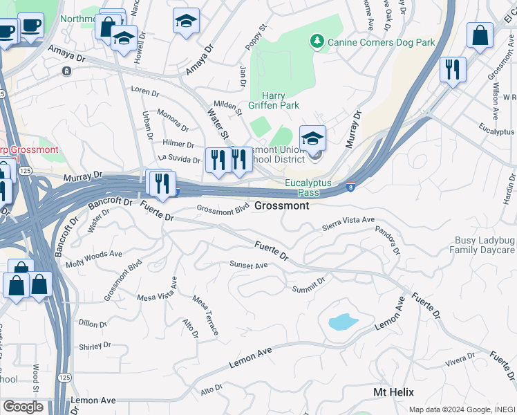 map of restaurants, bars, coffee shops, grocery stores, and more near 9637 Plimpton Road in La Mesa