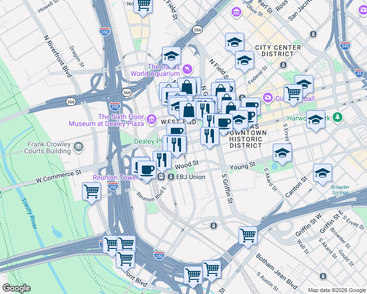 map of restaurants, bars, coffee shops, grocery stores, and more near 222 South Market Street in Dallas