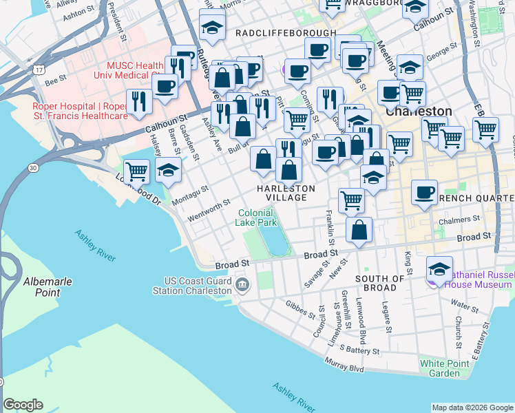 map of restaurants, bars, coffee shops, grocery stores, and more near 110 Beaufain Street in Charleston