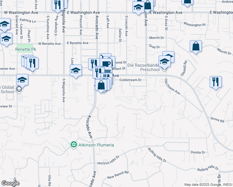 map of restaurants, bars, coffee shops, grocery stores, and more near 1283 Burnaby Street in El Cajon