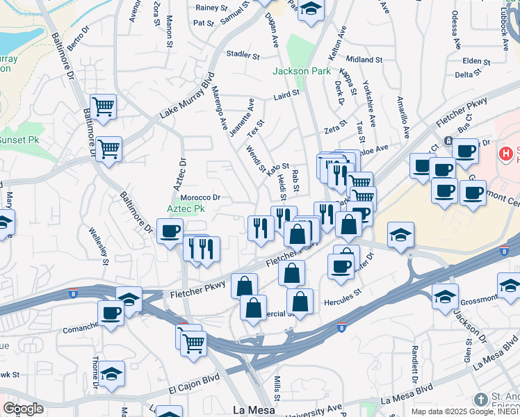 map of restaurants, bars, coffee shops, grocery stores, and more near 22 Vincetta Court in La Mesa