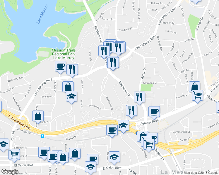 map of restaurants, bars, coffee shops, grocery stores, and more near 5419 Wellesley Street West in La Mesa