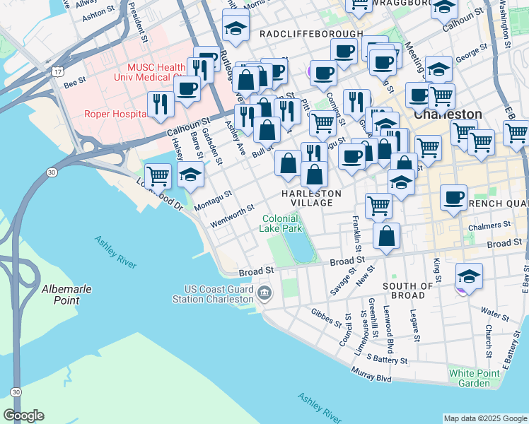 map of restaurants, bars, coffee shops, grocery stores, and more near 114 Beaufain Street in Charleston