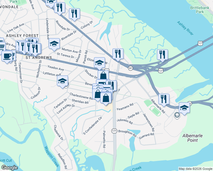 map of restaurants, bars, coffee shops, grocery stores, and more near 15 Beverly Road in Charleston