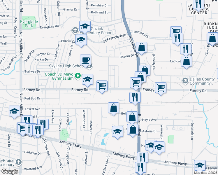 map of restaurants, bars, coffee shops, grocery stores, and more near 7800 Forney Road in Dallas