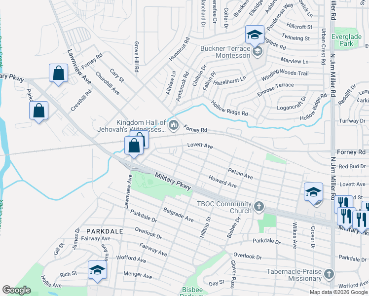 map of restaurants, bars, coffee shops, grocery stores, and more near 6107 Petain Avenue in Dallas