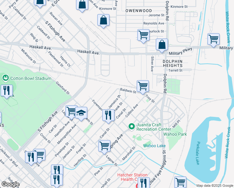 map of restaurants, bars, coffee shops, grocery stores, and more near 4615 Jamaica Street in Dallas