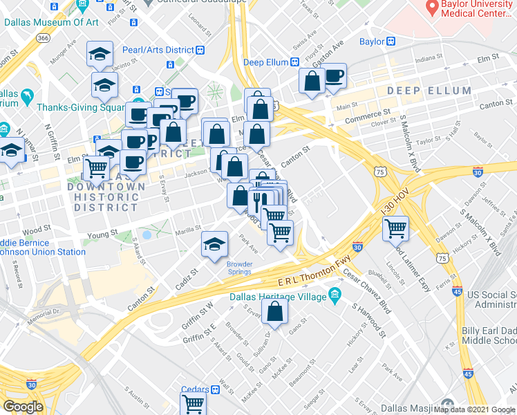map of restaurants, bars, coffee shops, grocery stores, and more near in Dallas