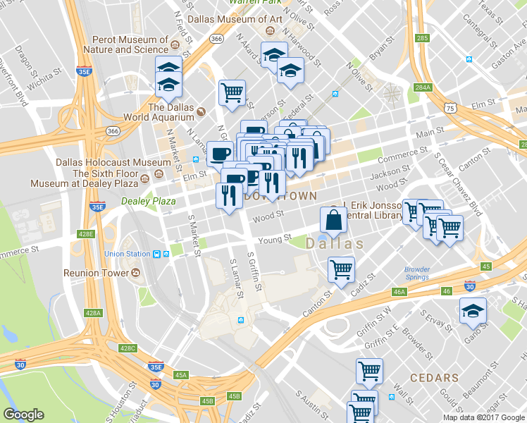 map of restaurants, bars, coffee shops, grocery stores, and more near 1201 Wood Street in Dallas