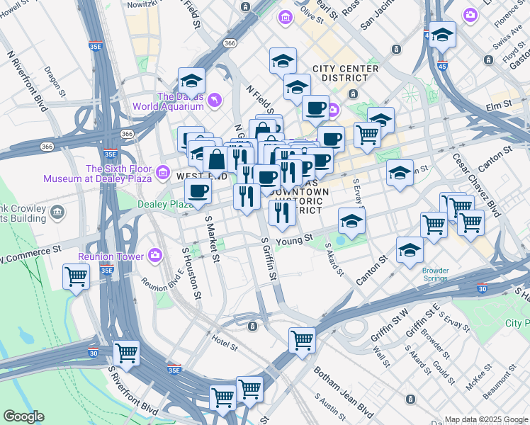 map of restaurants, bars, coffee shops, grocery stores, and more near 1016 Jackson Street in Dallas