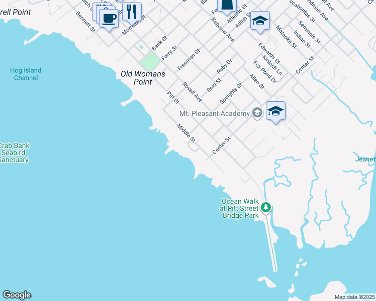 map of restaurants, bars, coffee shops, grocery stores, and more near 7 Pierates Cruz in Mount Pleasant