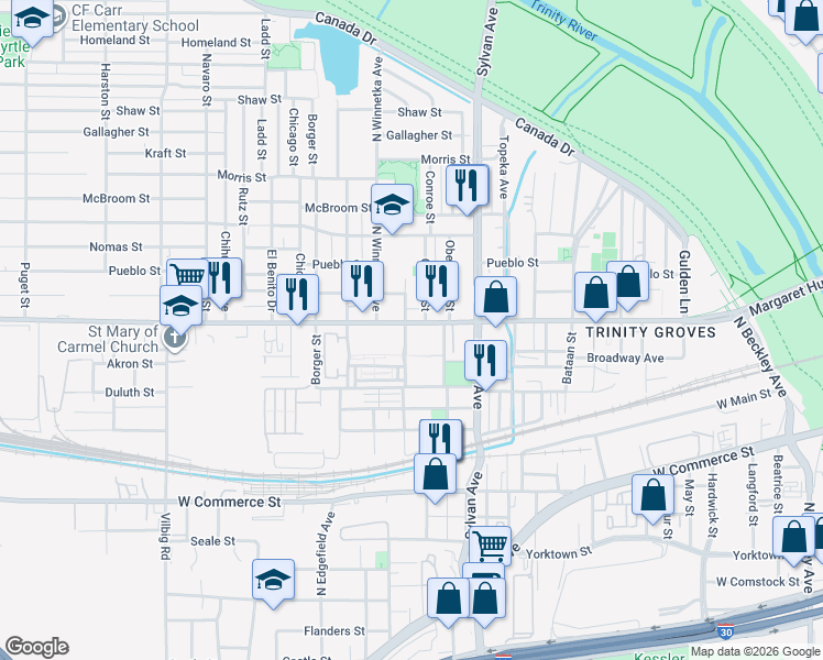 map of restaurants, bars, coffee shops, grocery stores, and more near 900 Singleton Boulevard in Dallas